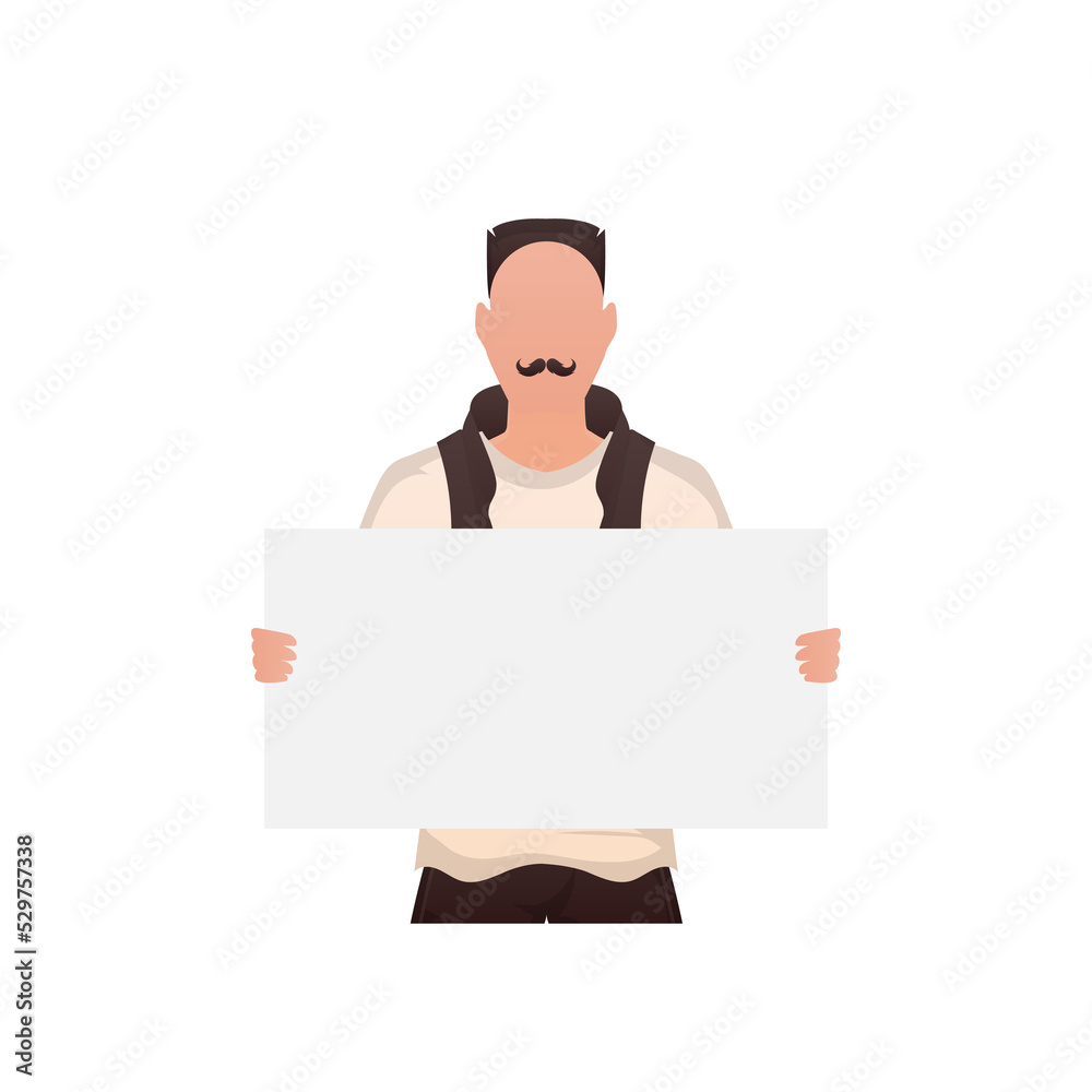 A guy with a strong physique holds an empty sign in his hands. Cartoon style. A guy with a strong physique holds an empty sign in his hands. Cartoon style.