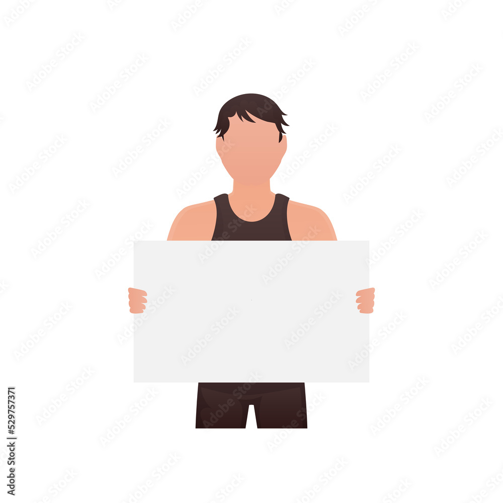 A man holds an empty space for advertising in his hands. Cartoon style. A man holds an empty space for advertising in his hands. Cartoon style.