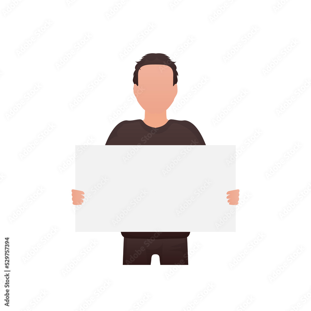 A man holds an empty tablet in his hands.   Cartoon style.
