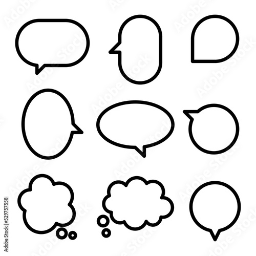 collection set of simple black and white speech bubble balloon in circle, cloud, think, speak, talk, template, art, flat, design, vector, illustration, text box banner frame