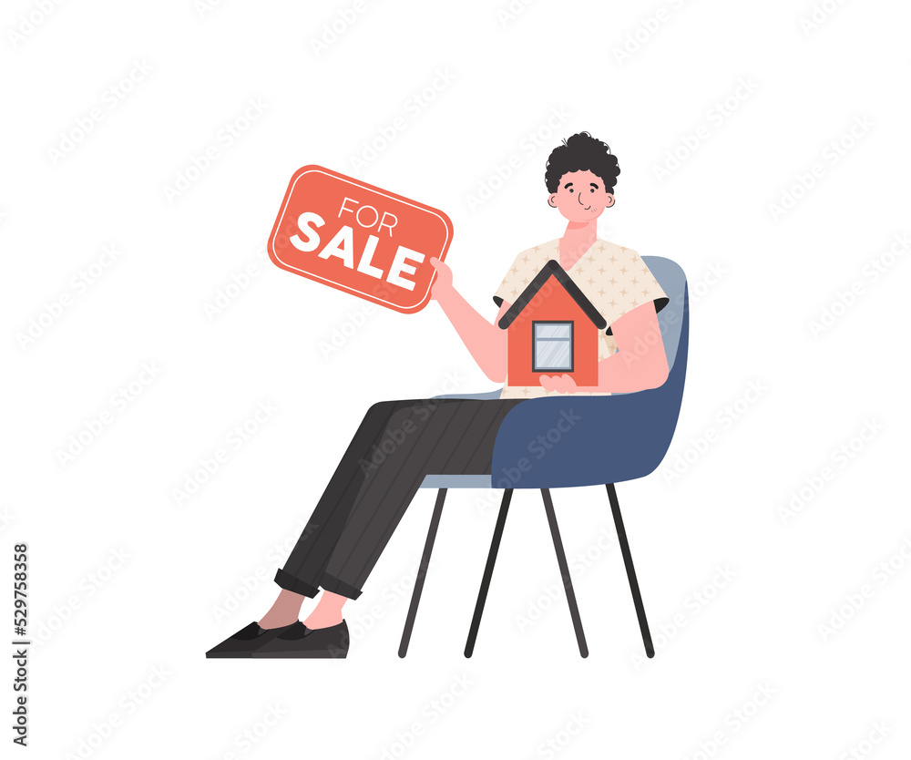 A man sits on a chair with a sign in his hands for sale. The concept of selling a house.    .