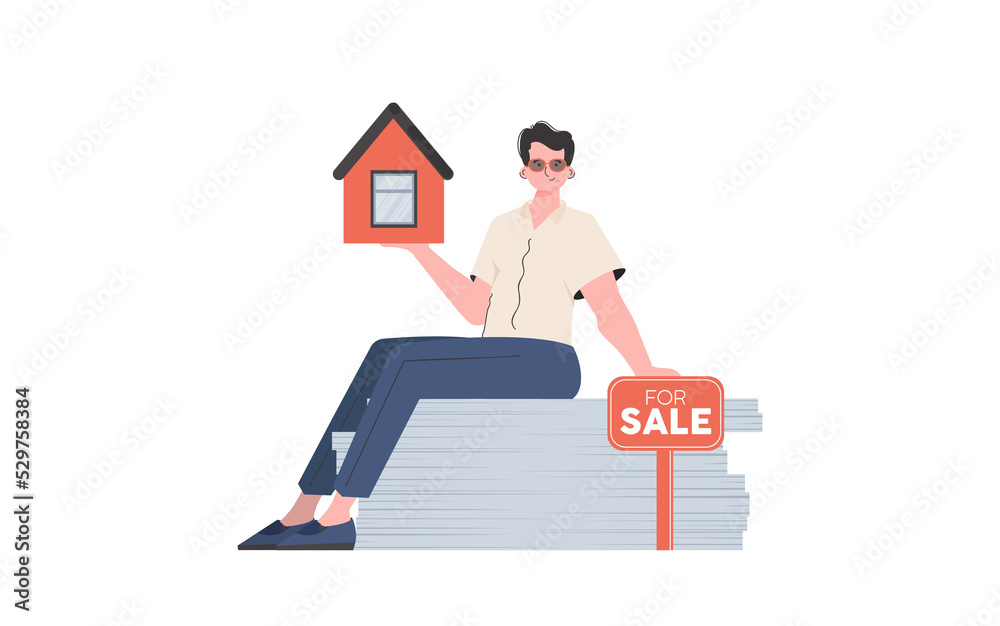 A man sits on a stack of documents and holds a house in his hands. Real estate sale concept.    .