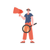 A man stands in full growth and holds a loudspeaker.   Element for presentation.