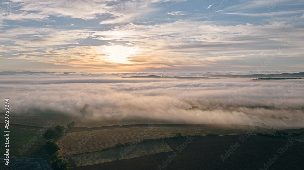 Fog over the landscape, aerial view, drone fhoto