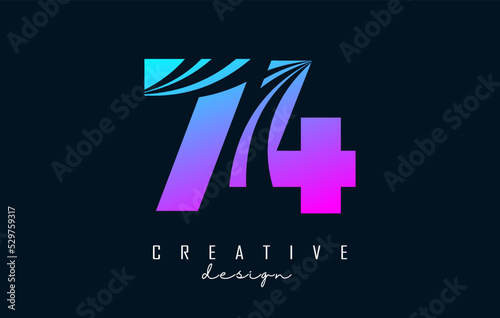 Colorful Creative number 74 7 4 logo with leading lines and road concept design. Number with geometric design. Vector Illustration with number and creative cuts. photo