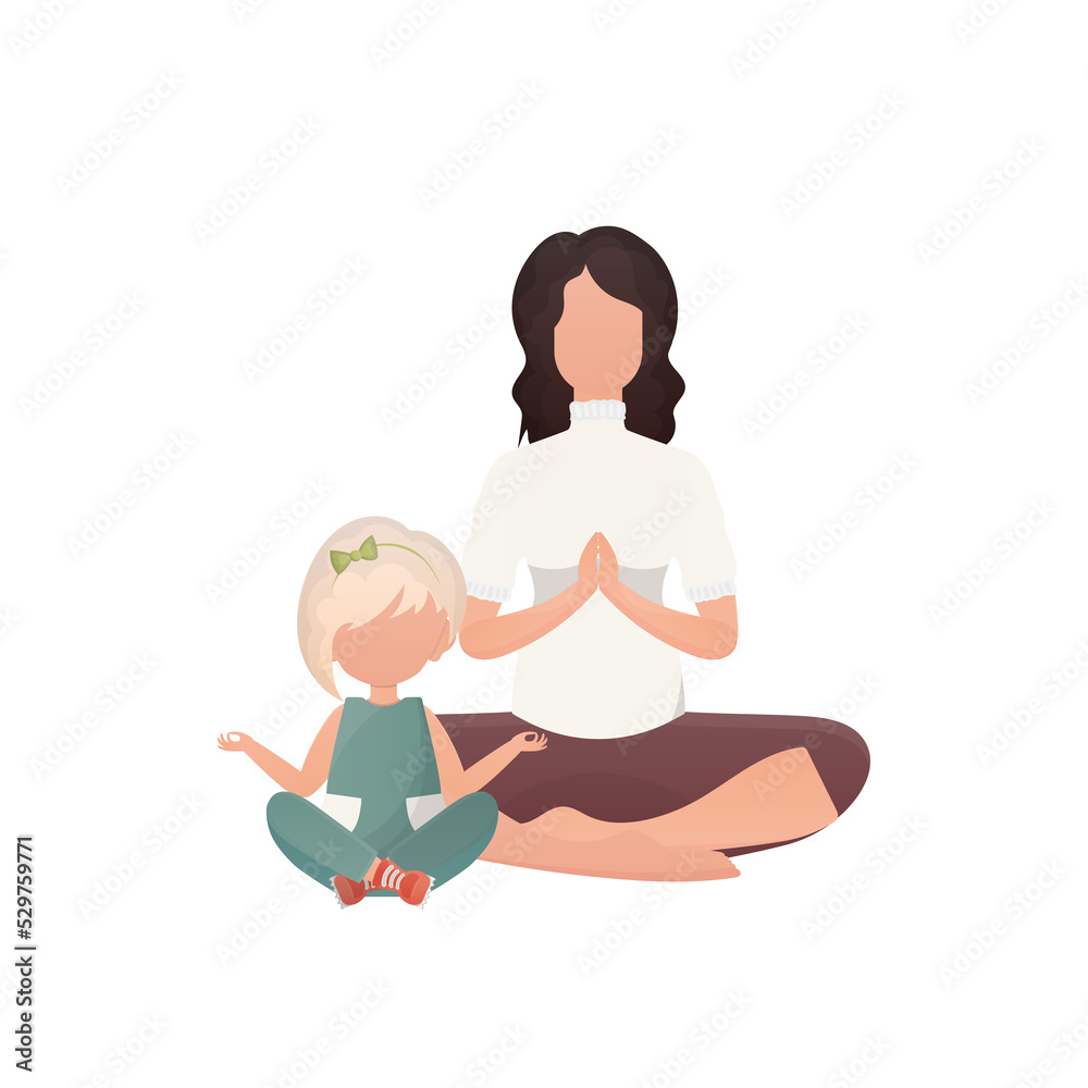 Mom and daughter yoga in the lotus position. Cartoon style. Previous illustration. Mom and daughter yoga in the lotus position. Cartoon style. Previous illustration.