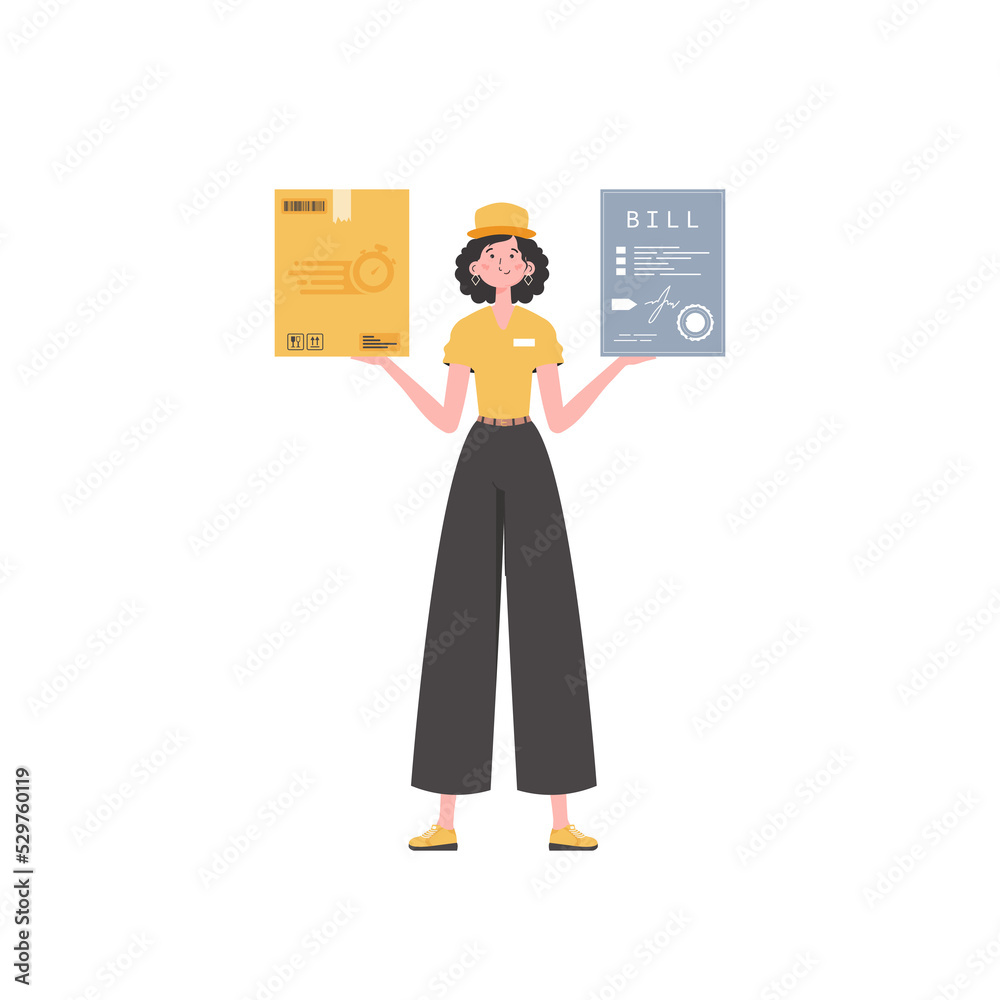 Woman courier delivers a parcel and issues an invoice. Home delivery concept. trendy style. Woman courier delivers a parcel and issues an invoice. Home delivery concept. trendy style.