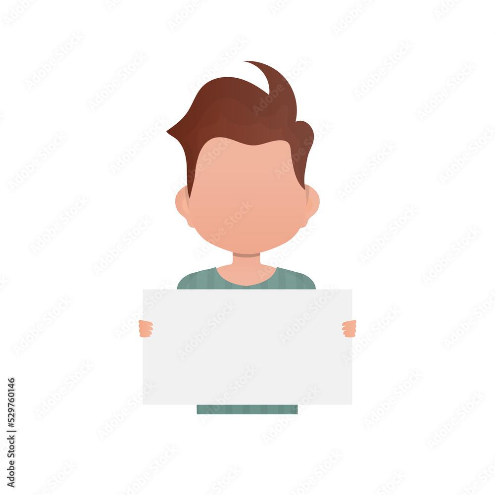 Preschool boy Shows a blank banner. Cartoon style. Preschool boy Shows a blank banner. Cartoon style.