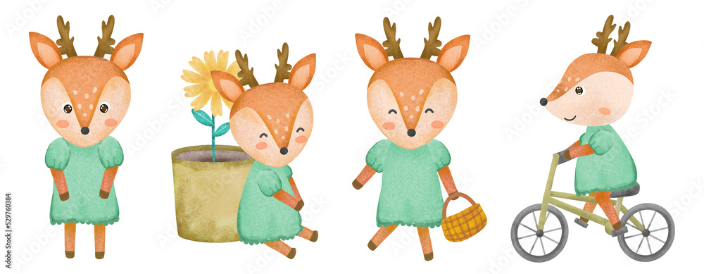 Fototapeta premium cute watercolor baby deer in green dress, riding a bicycle, basket, flower pot, watercolor bambi cartoon, baby nursery Deer set baby animal set clip art, isolated