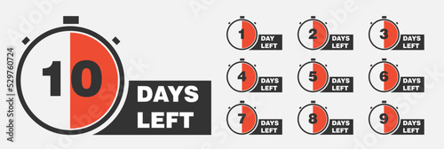 Countdown of days 1,2,3,4,5,6,7,8,9,10. The days left badges. A countdown is going on, one day I left a badge and a label to calculate the date of work. Offer timer, sticker limited to a few days. 