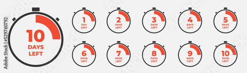 Days Left Badges and Stickers. Count time sale. Number of days left. Countdown left days banner. Count down vector banner template. Nine, eight, seven, six, five, four, three, two, one, zero days left