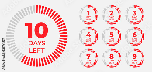 5, 2, 3, 4, 1, 6, 7, 8, 9, 0 days left badge, label set. Countdown limited time in red color for sale, offer, promotion or work vector illustration isolated on white background. Vector illustration