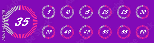 Vector stopwatch icons set 10, 15, 20, 30, 40, 45, 50, 55, 60 minutes. Stopwatch icon in flat style