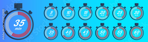 Color minutes icon. Timer, 1 minute ago and 5-55 minutes label dial with arrow. Set time vector icons set. Timer stopwatch, minute countdown measurement, vector illustration. Vector illustration