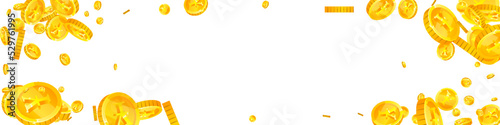 Japanese yen coins falling. Scattered gold JPY