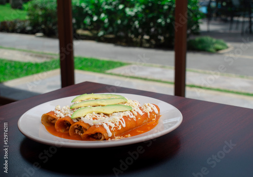 Entomatadas platillo mexicano tipico regional de tortillas con salsa de tomate rellenas de pollo y bañadas en queso y crema con aguacate