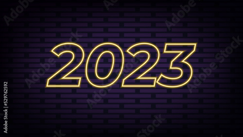 2023 simple neon sign icon vector. Flat design. Yellow neon style on black background.ai. Vector illustration