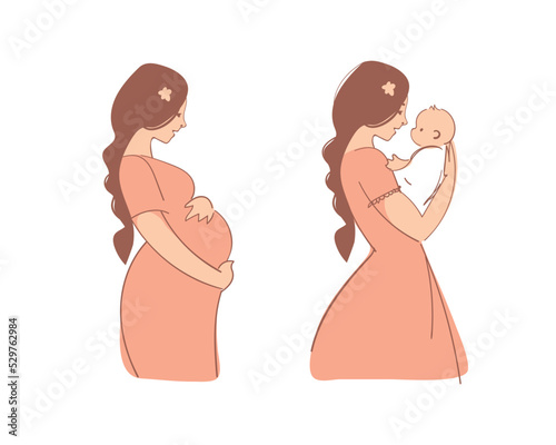 Flat icon set for pregnant women and motherhood. Beautiful pregnant woman, mom hugs a newborn. Vector isolated on white. Pregnancy character, mother's day card.
