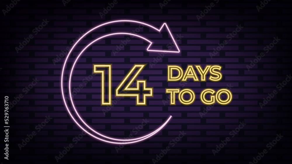 Fourteen days left icon. Neon style design. 14 days to go sign. Speech bubble banner. Price tag design. Promotion sale badge. Limited discounts. Vector. Vector illustration Fourteen days left icon. Neon style design. 14 days to go sign. Speech bubble banner. Price tag design. Promotion sale badge. Limited discounts. Vector. Vector illustration