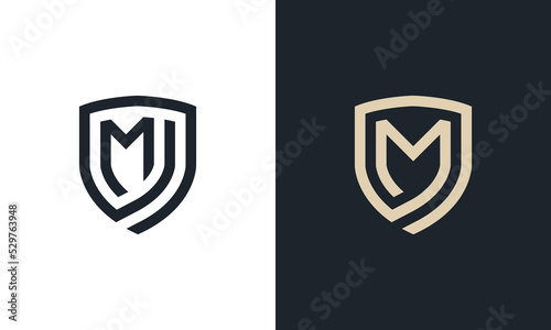 Initial Letter M Shield Monogram logo Concept icon sign symbol Element Design Line Art Style. Security, Heraldic, Guard Logotype. Vector illustration template