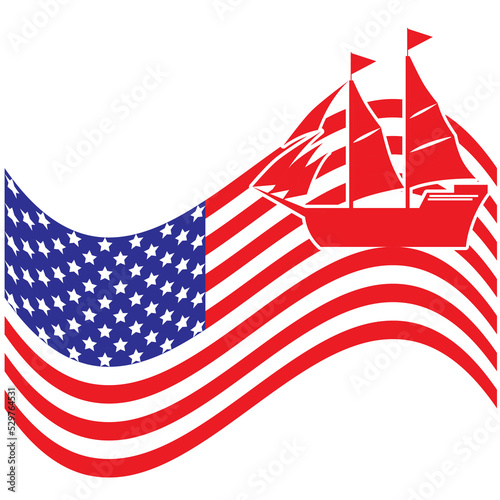 graphic design illustration of a sailboat sailing on the waves of the american flag. may be used for content or products related to it.