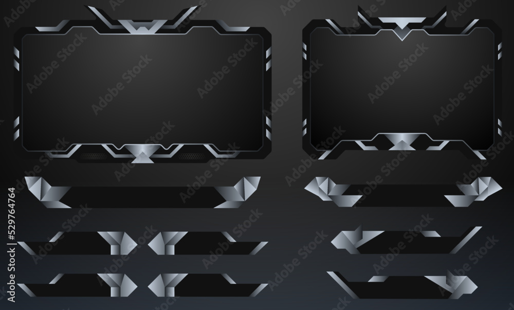 modern metallic gaming interface live stream overlay webcam border frames and lower third streaming alerts empty banner labels for live video broadcast