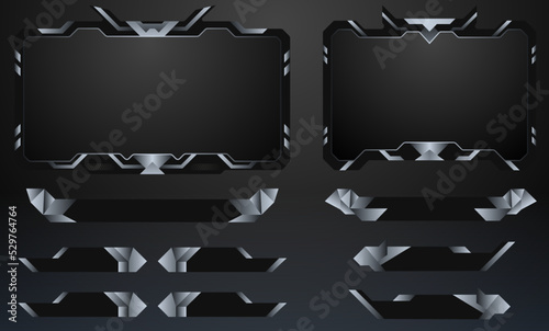 modern metallic gaming interface live stream overlay webcam border frames and lower third streaming alerts empty banner labels for live video broadcast