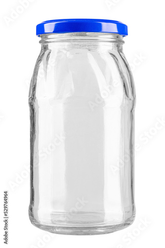 Empty glass jar for food preservation and storage isolated on white background.