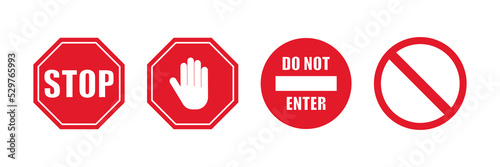 Stop red sign icon set. with white hand, do not enter, warning stop sign symbol. Sign road signal vector.