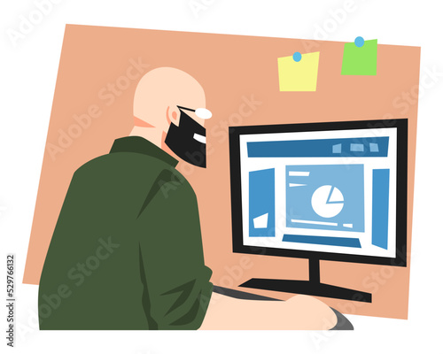 illustration of an office worker working using technology. bald, bearded, glasses, mature. concept of profession, occupation, activity, etc. flat vector