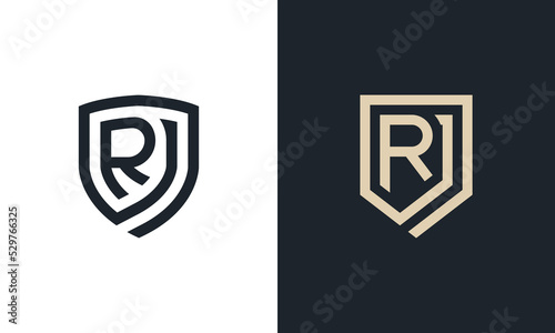 Initial Letter R Shield Monogram logo Concept icon sign symbol Element Design Line Art Style. Security, Heraldic, Guard Logotype. Vector illustration template