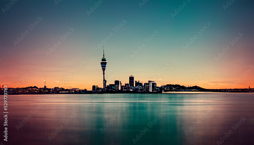 Auckland cityscape ocean water evening sky view painting Auckland cityscape ocean water evening sky view painting
