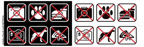 Set of signs prohibiting public use of alcohol, weapons and other means vector illustration isolated on white background. Black icons of forbidden subjects in red frame.