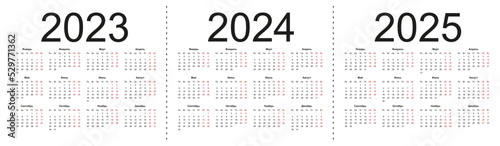 Calendar grid for 2023, 2024 and 2025 years. Simple horizontal template in Russian language. Week starts from Monday. Isolated vector illustration on white background.