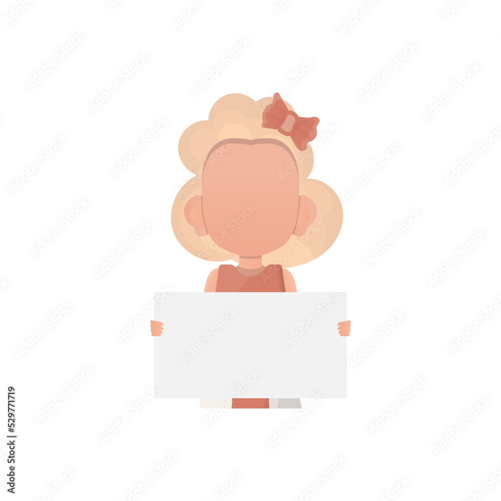 Obraz premium Little child girl holding a blank poster. Cartoon style.
