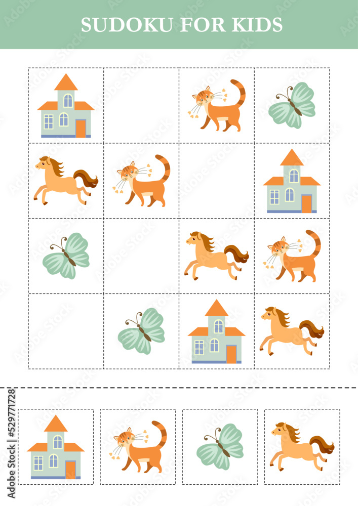 Sudoku for kids with cartoon houses, horses, cats, butterflies. Logical game for kids. Puzzle for preschoolers.