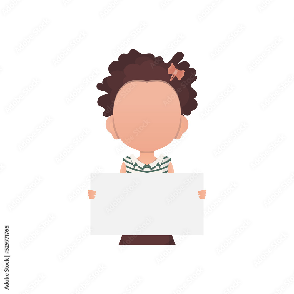 A small child girl holds a blank sheet of paper in her hands. Flat style. A small child girl holds a blank sheet of paper in her hands. Flat style.
