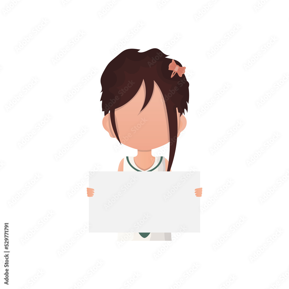 Little child girl holding a blank poster in her hands. Flat style. Little child girl holding a blank poster in her hands. Flat style.