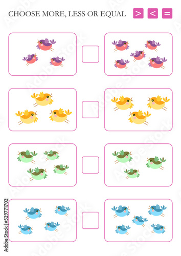 Choose more, less or equal. Arithmetic task with birds for the little ones.