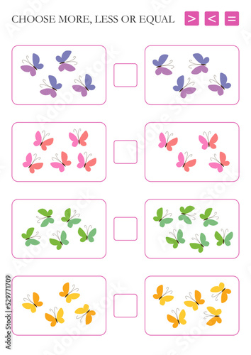 Choose more, less or equal. Arithmetic task with butterflies for kids.