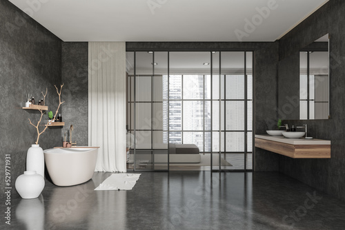 Photography Grey hotel interior with sink, bathtub and bed near panoramic window