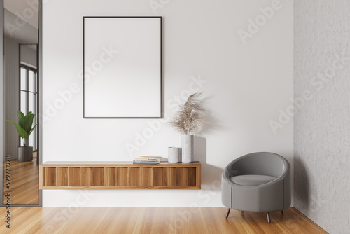 Light living room interior with drawer and decoration. Mockup frame