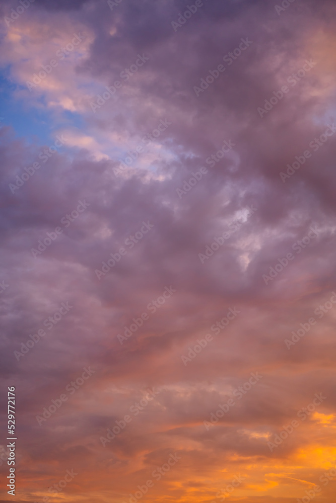 Beautiful bright multicolored sunset sky with yellow and pink hues, natural abstract background. Vertical shot