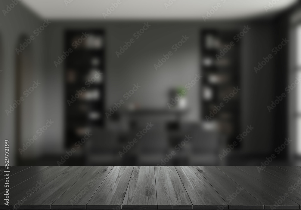 Naklejka premium Dark dining room interior with seats and table blurred, wooden desk