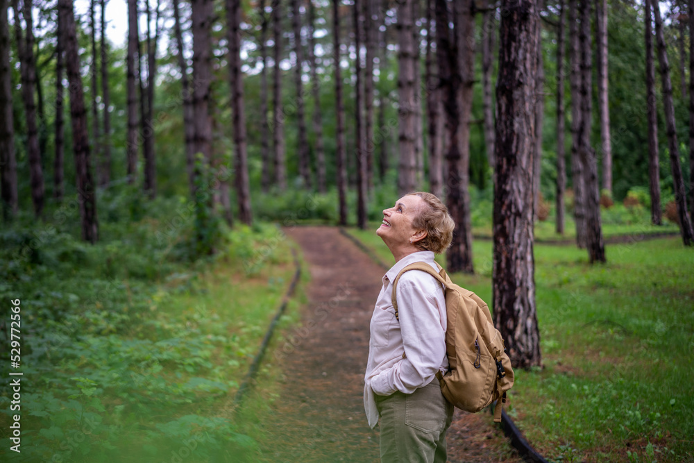 Beautiful happy caucasian active senior woman enjoying nature in autumn park. Active pensioners lifestyle concept Beautiful happy caucasian active senior woman enjoying nature in autumn park. Active pensioners lifestyle concept