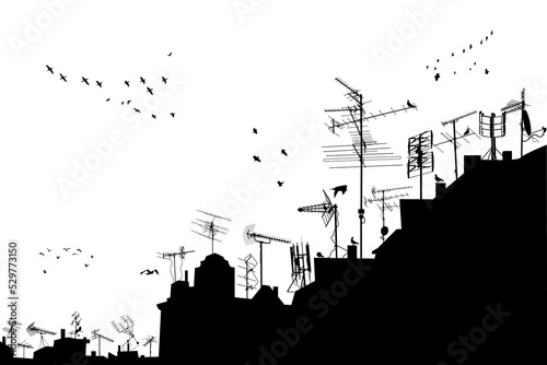 Silhouettes of roofs with antennas isolated on white background.
City,houses,rooftops, old antennas and birds.Big urban or city housing concept.Town with buildings horizon panorama.Vector illustration