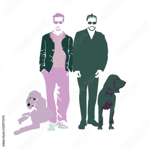 Abstract watercolor draw  man and dogs, fashion vector color print design, cool style, street style, shopping