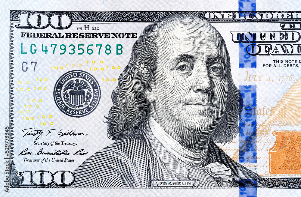 Close up of new hundred dollar bill.
