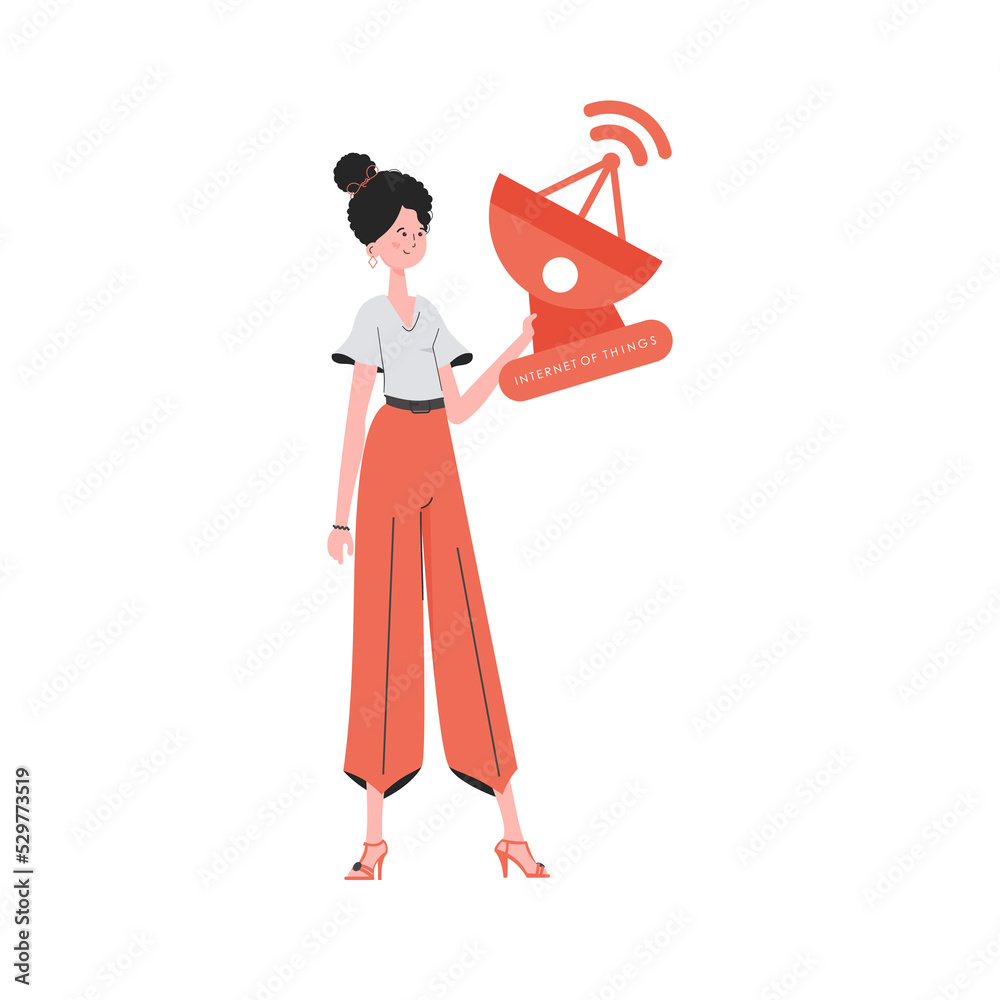 Internet of things and automation concept. A woman holds a satellite dish in her hands. Trendy flat style. . Internet of things and automation concept. A woman holds a satellite dish in her hands. Trendy flat style. .