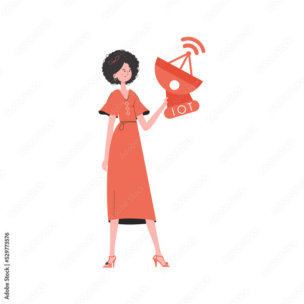 IOT and automation concept. A woman holds a satellite dish in her hands. Trendy flat style. . IOT and automation concept. A woman holds a satellite dish in her hands. Trendy flat style. .